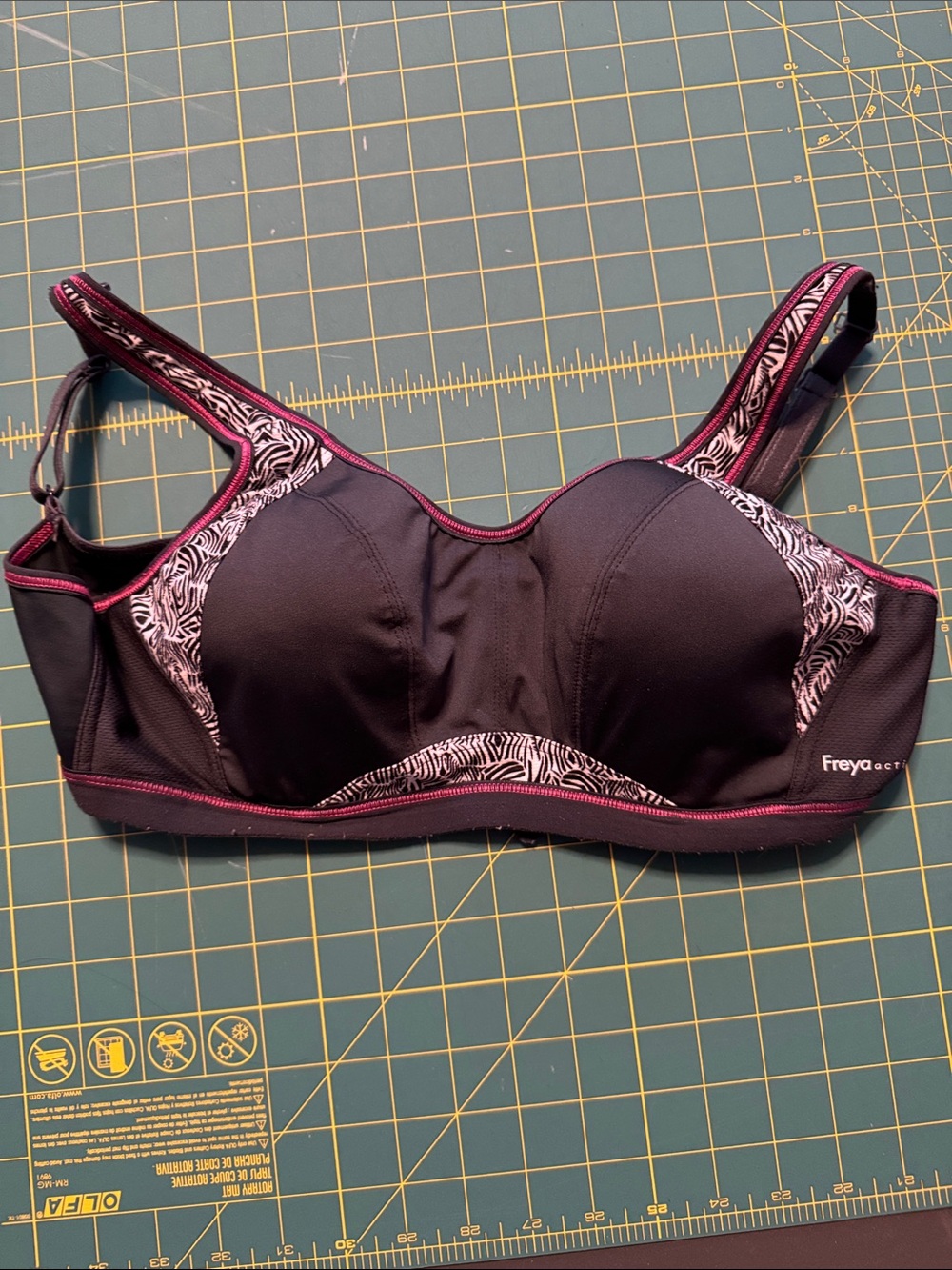 Freya Black Sports Bra with Pink Trim and Zebra Accents, 32D
